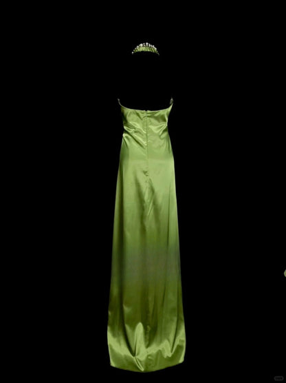 Superbe robe de soirée longue en satin vert à col en V, RF0850