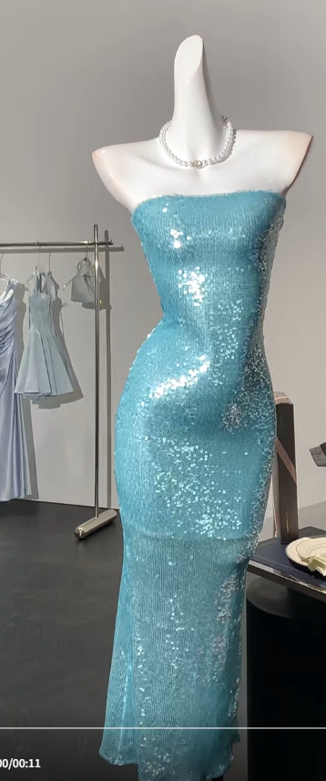 Elegant Blue Strapless Sheath Sequins Long Prom Dresses Formal Evening Gowns RF0852