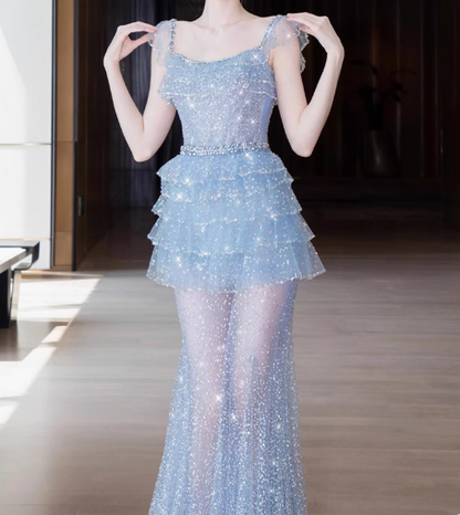 Fairytale Ice Blue Square Neck A-Line Tulle Sequin Long Prom Dresses Formal Evening Gowns RF0853
