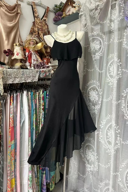 Chic Black Spaghetti Straps Sheath Chiffon Party Dresses Birthday Evening Dresses RF0854