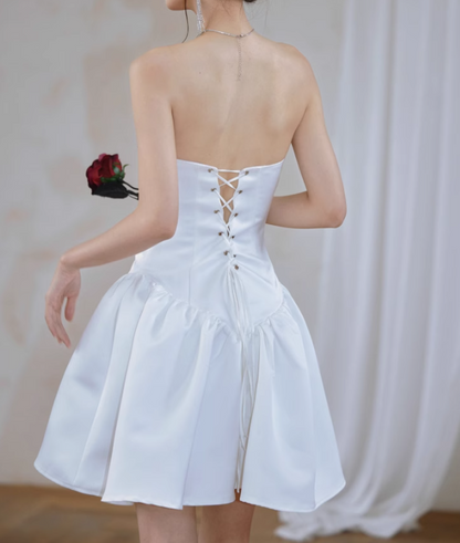 Stunning White Strapless A-Line Satin Short Party Dresses Sweet 16 Birthday Evening Dresses RF0855