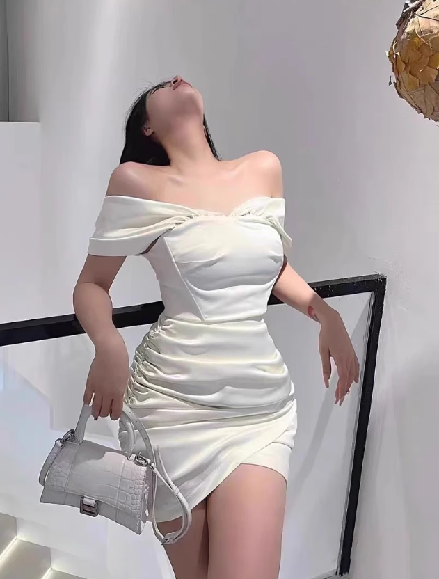 Fashion Off Shoulder White Satin Sheath Short Evening Dress for Homecoming & Party RF0857