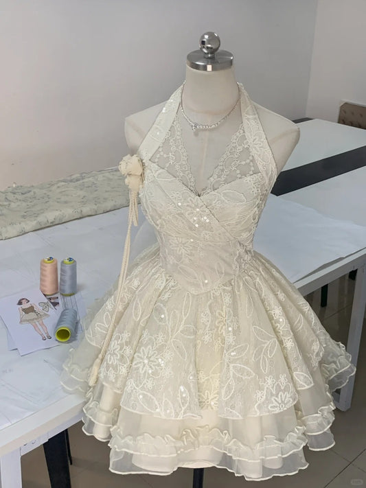 Elegant White Halter A-Line Tulle Lace Short Prom Dresses Homecoming Dresses with Open Back RF0866