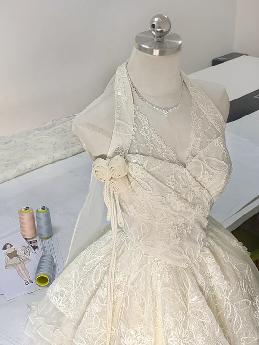Elegant White Halter A-Line Tulle Lace Short Prom Dresses Homecoming Dresses with Open Back RF0866