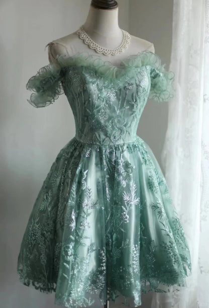 Superbe robe de bal courte verte à épaules dénudées et perles en tulle, coupe trapèze, RF0873