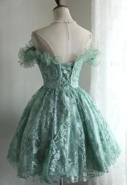 Superbe robe de bal courte verte à épaules dénudées et perles en tulle, coupe trapèze, RF0873