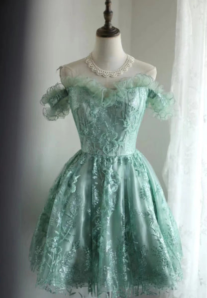 Superbe robe de bal courte verte à épaules dénudées et perles en tulle, coupe trapèze, RF0873
