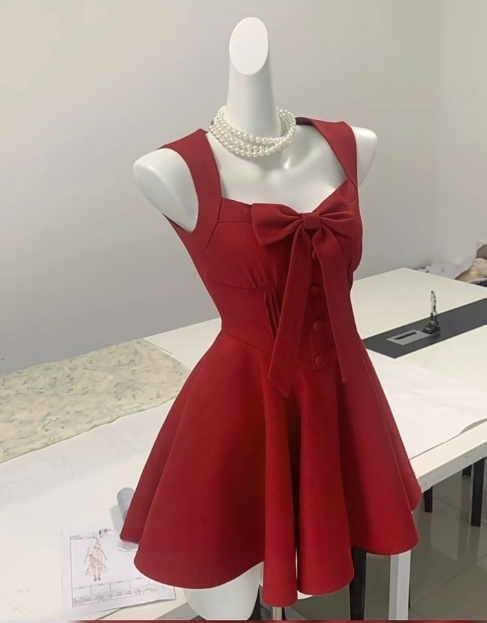 Elegant Burgundy Square Neck A-Line Satin Short Prom Dresses  RF0876