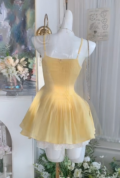 Sweetheart Butter Yellow Spaghetti Straps A-Line Short Birthday Evening Gowns RF0878