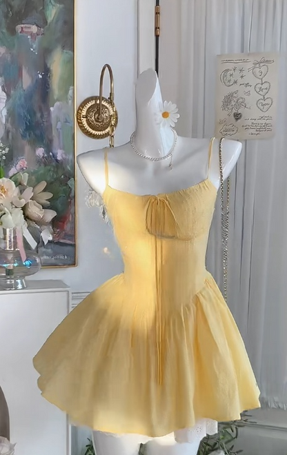 Sweetheart Butter Yellow Spaghetti Straps A-Line Short Birthday Evening Gowns RF0878