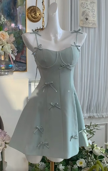 Stunning Tiffany Blue Spaghetti Straps A-Line Satin Short Party Dresses with Bows RF0880