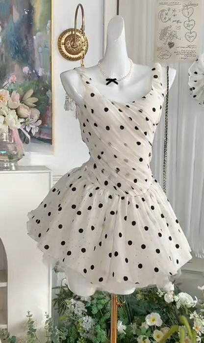 Stylish White Square Neck A-Line Tulle Polka Dot Short Party Dresses with Open Back RF0881