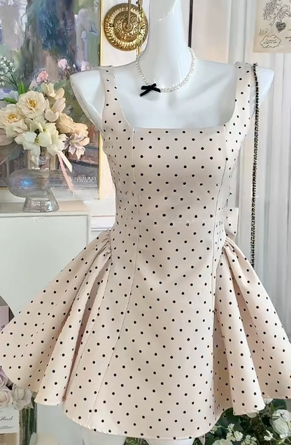 Sweetheart Light Champagne Square Neck A-Line Satin Polka Dot Open Back Short Party Dresses with Bow RF0882