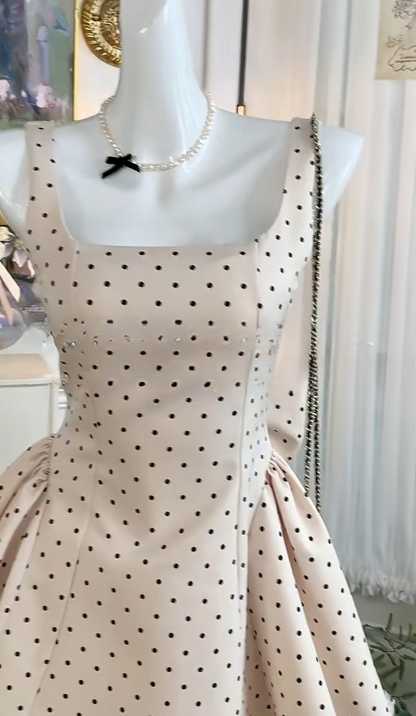 Sweetheart Light Champagne Square Neck A-Line Satin Polka Dot Open Back Short Party Dresses with Bow RF0882