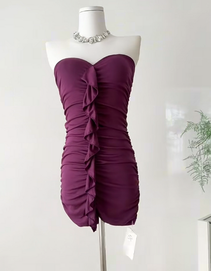 Sexy Grape Purple Strapless Bodycon Satin Short Party Dresses  RF0883