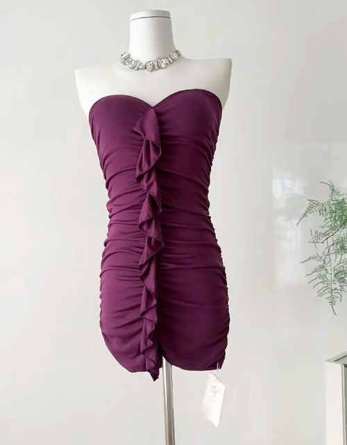 Sexy Grape Purple Strapless Bodycon Satin Short Party Dresses  RF0883