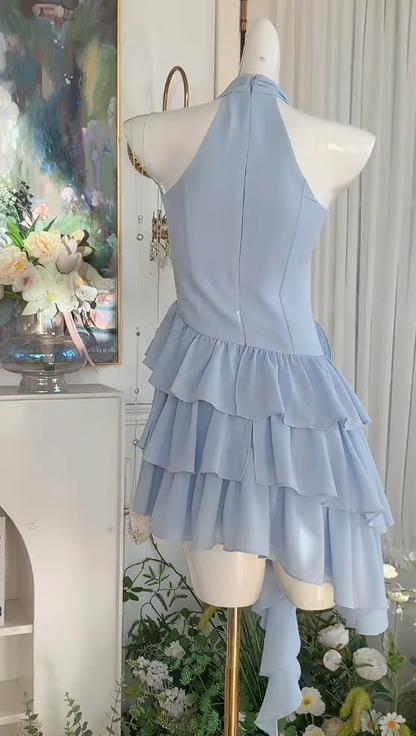 Fashion Blue Halter Sheath Chiffon Short Party Dresses Sweet 16 Birthday Dress RF0886