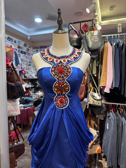 Elegante blaue Rundhals Meerjungfrau Satin Perlen lange Ballkleider formale Abendkleider RF0887