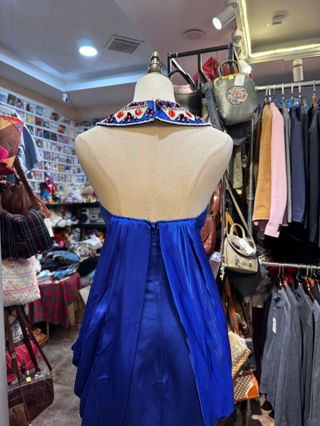 Elegante blaue Rundhals Meerjungfrau Satin Perlen lange Ballkleider formale Abendkleider RF0887