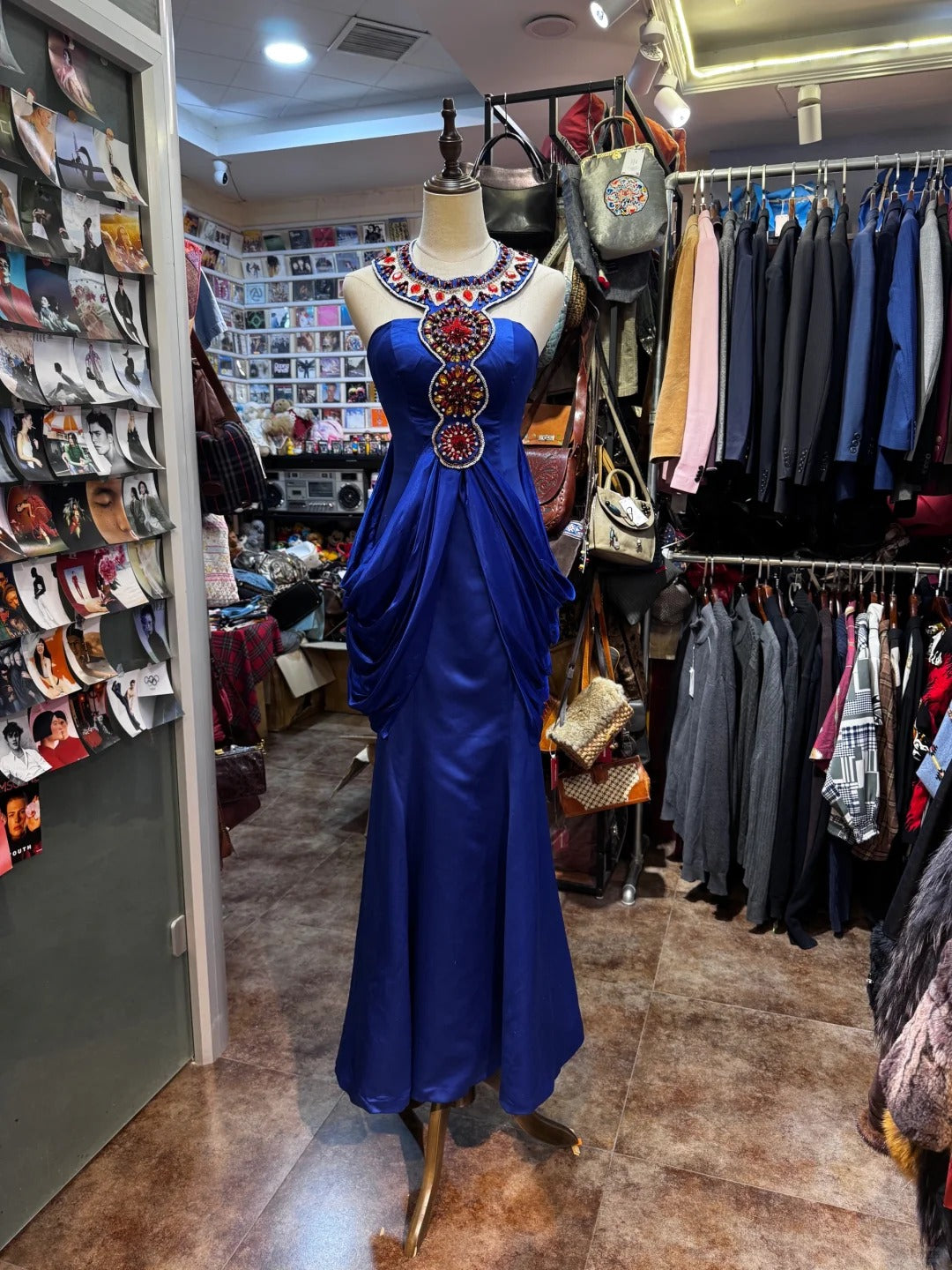 Elegante blaue Rundhals Meerjungfrau Satin Perlen lange Ballkleider formale Abendkleider RF0887
