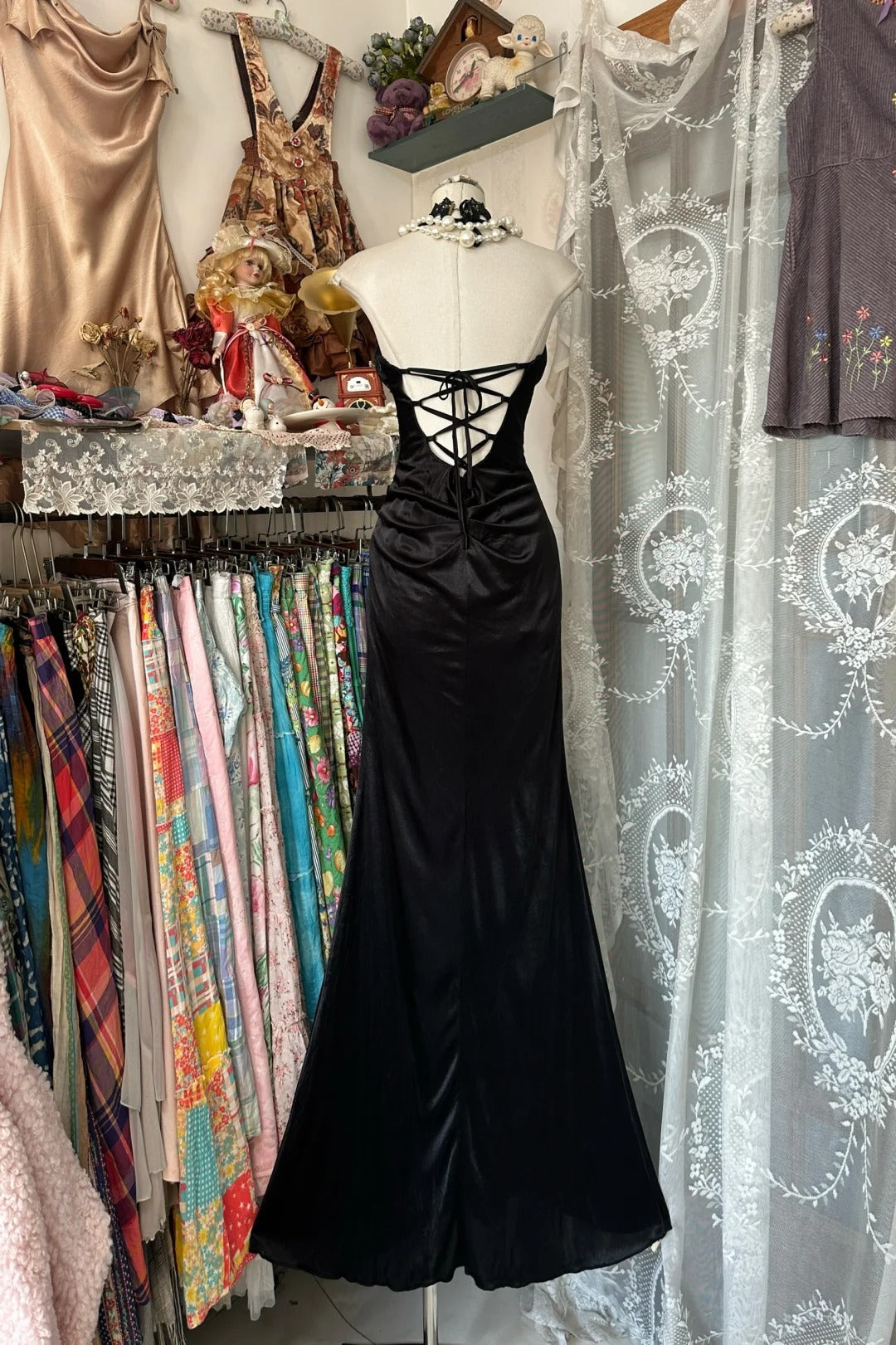 Elegant Black Halter Neck Mermaid Satin Long Evening Gown Gowns Fashion Party Dress RF0888