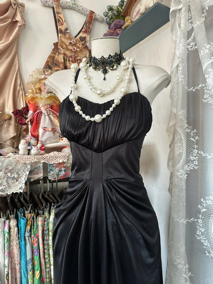 Elegant Black Halter Neck Mermaid Satin Long Evening Gown Gowns Fashion Party Dress RF0888