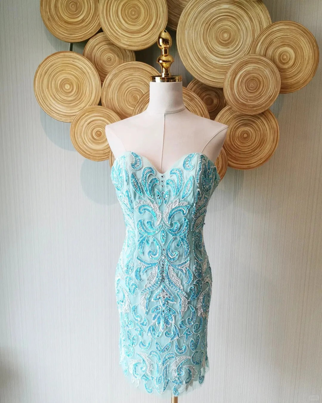 Vintage Blue Strapless Sheath Beaded Short Prom Dresses RF0890