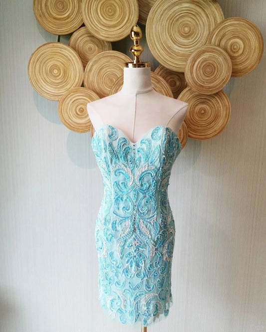 Vintage Blue Strapless Sheath Beaded Short Prom Dresses RF0890