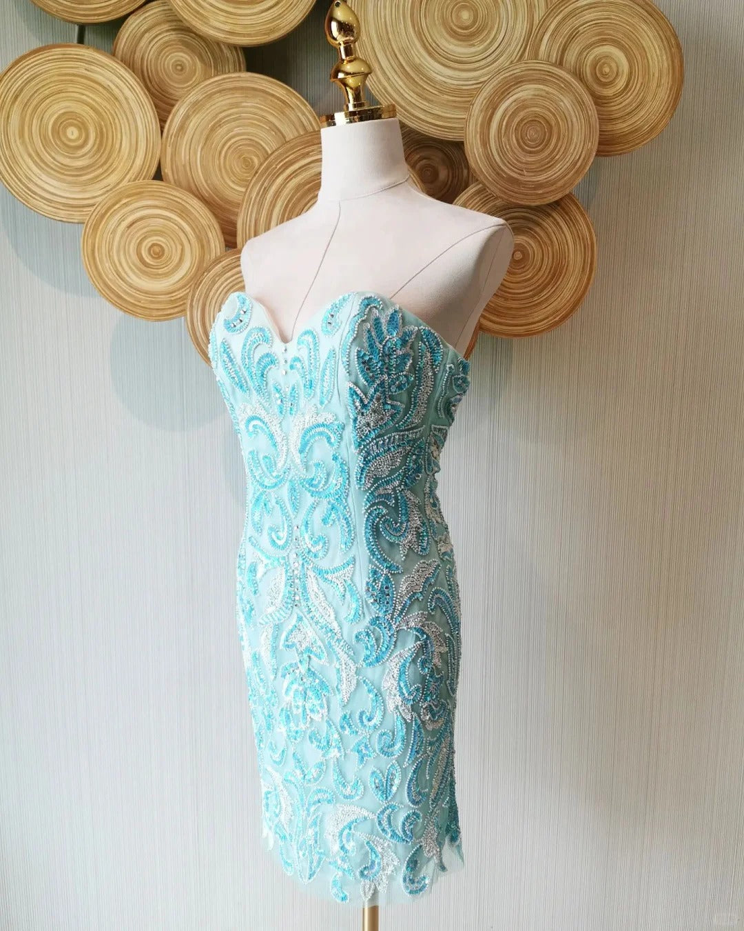 Vintage Blue Strapless Sheath Beaded Short Prom Dresses RF0890