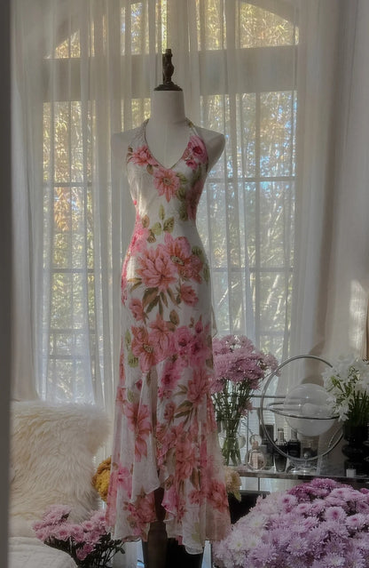 Elegantes bedrucktes Chiffon Neckholder-Etuikleid mit Vintage-Abendkleid RF0891