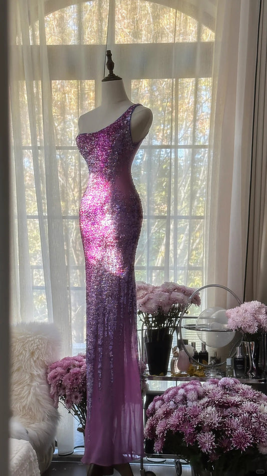 Gorgeous Purple One Shoulder Mermaid Tulle Beaded Long Prom Dresses Formal Evening Dress RF0892