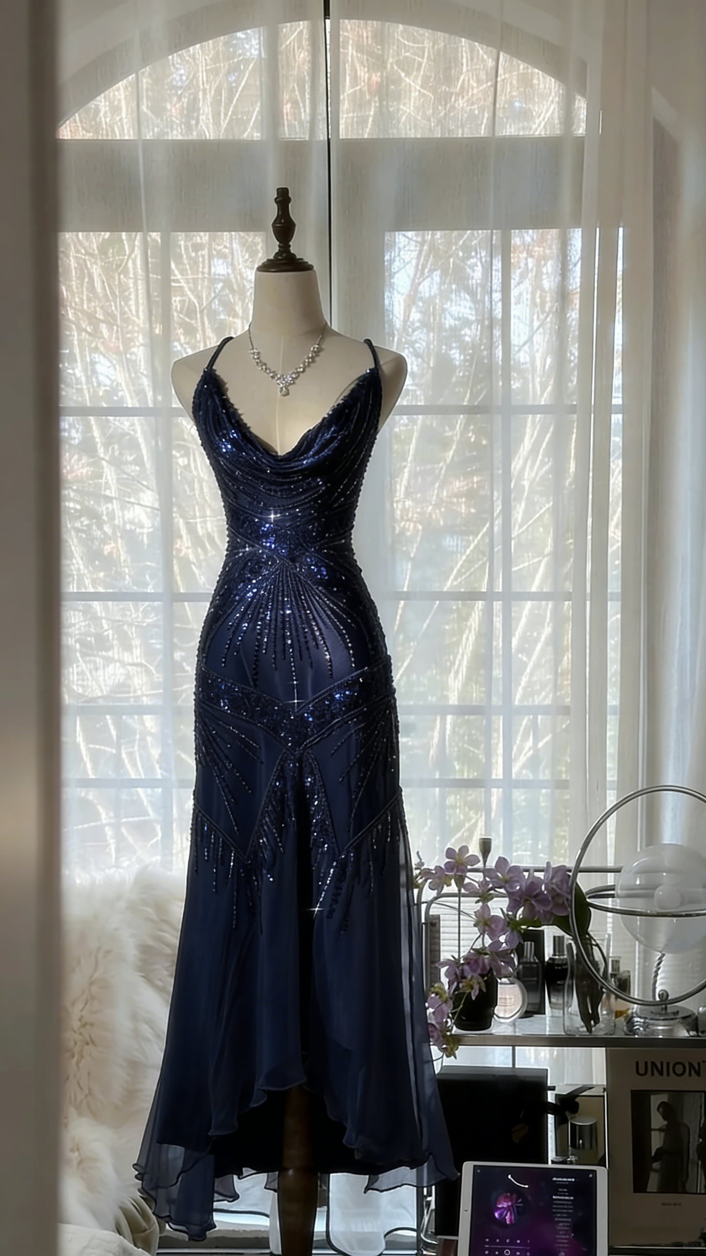 Elegant Dust Pink Spaghetti Straps A-Line Beaded Chiffon Prom Dresses Vintage Evening Dress RF0893