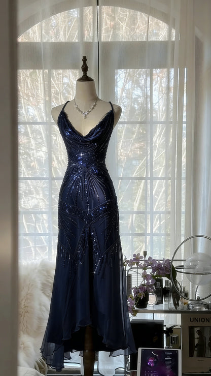 Elegant Dust Pink Spaghetti Straps A-Line Beaded Chiffon Prom Dresses Vintage Evening Dress RF0893