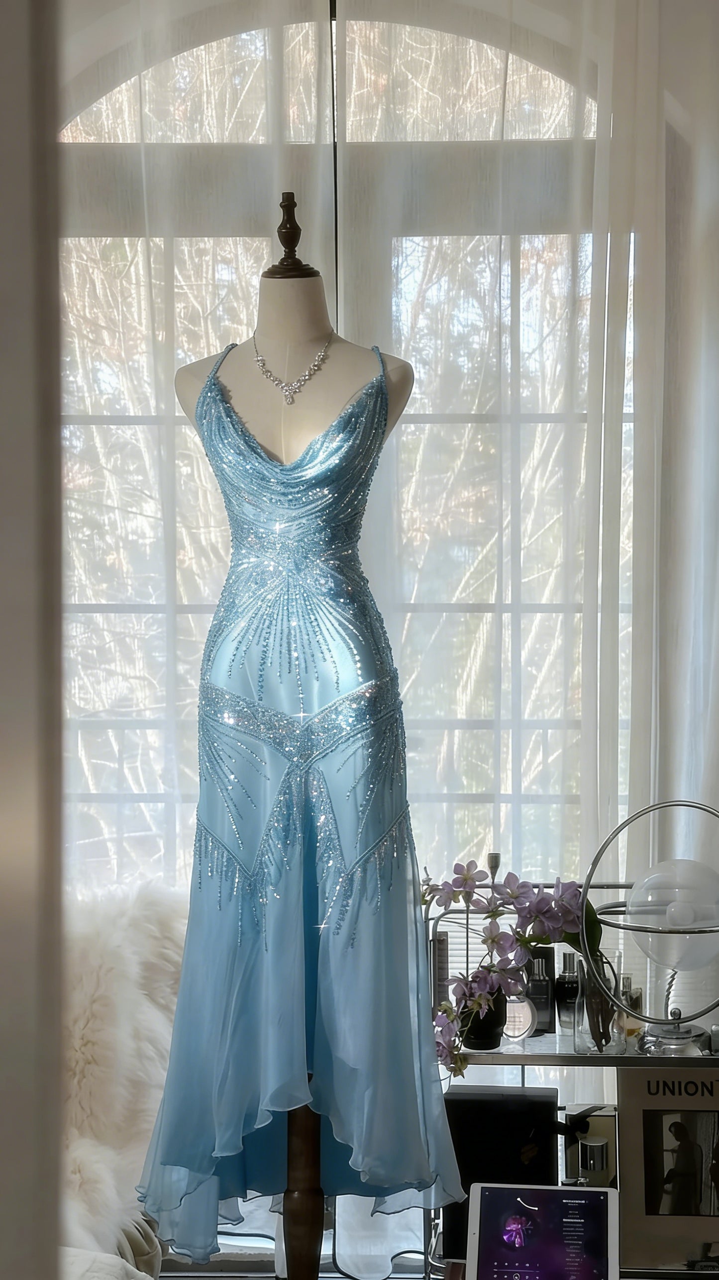 Elegant Dust Pink Spaghetti Straps A-Line Beaded Chiffon Prom Dresses Vintage Evening Dress RF0893