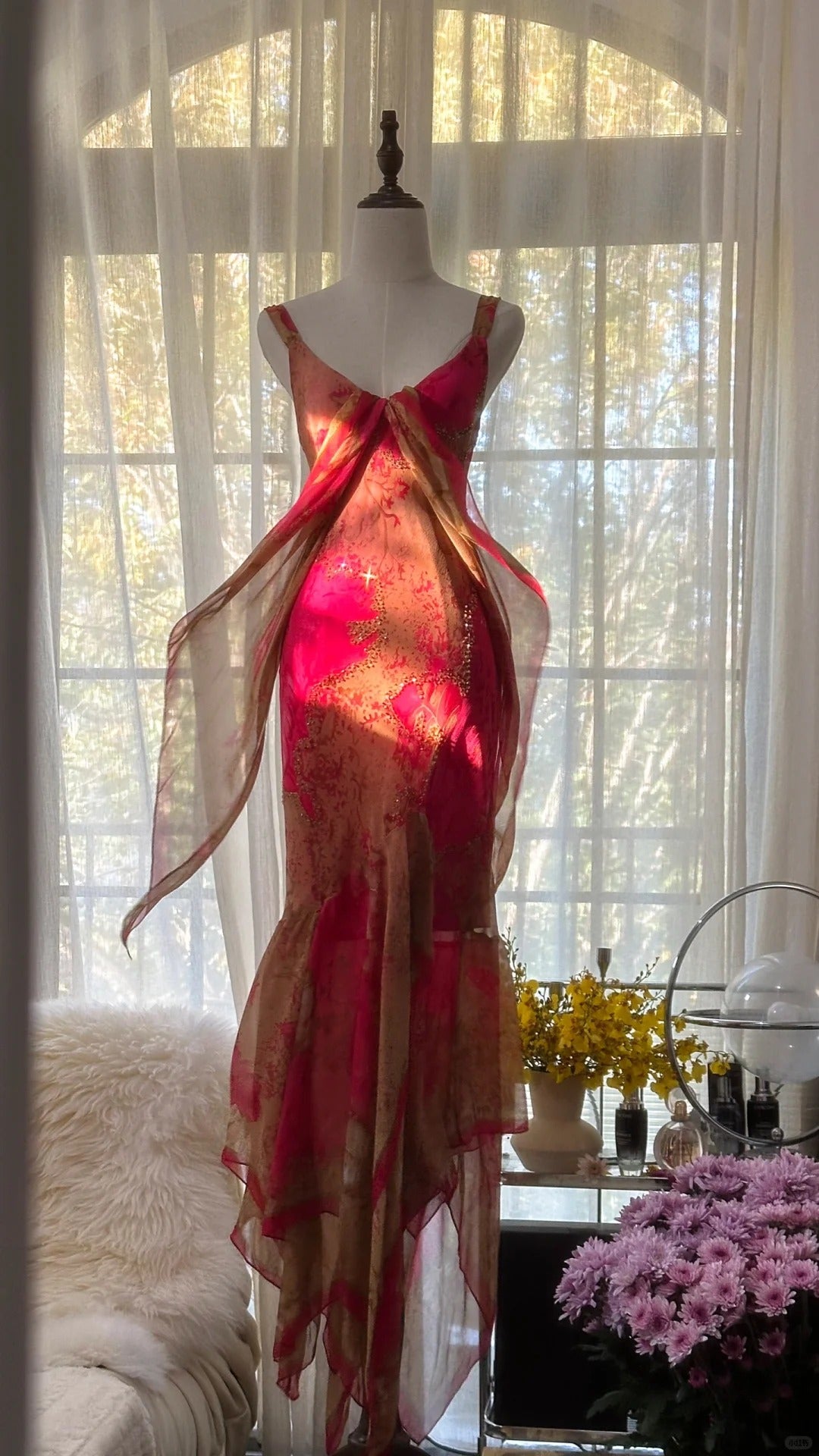 Vintage Red V Neck Mermaid Printed Chiffon Prom Dresses Formal Evening Dresses RF0895