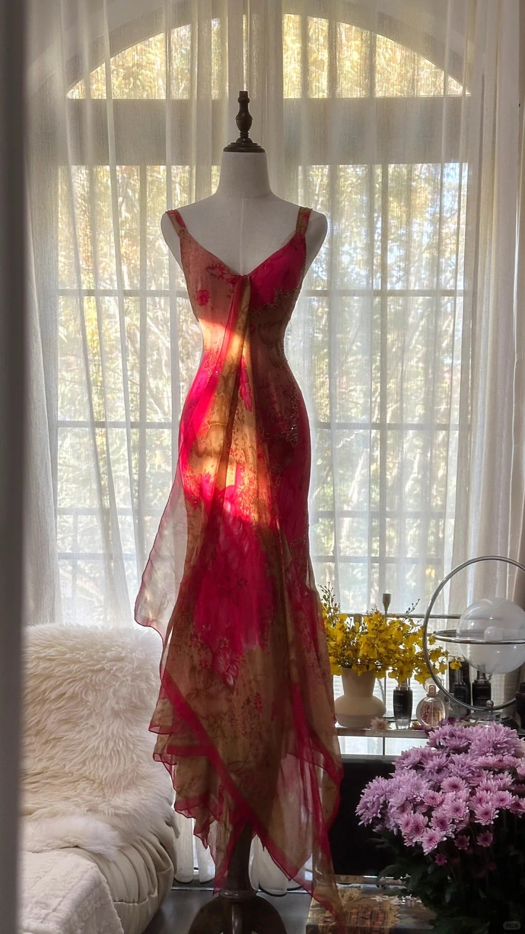 Vintage Red V Neck Mermaid Printed Chiffon Prom Dresses Formal Evening Dresses RF0895