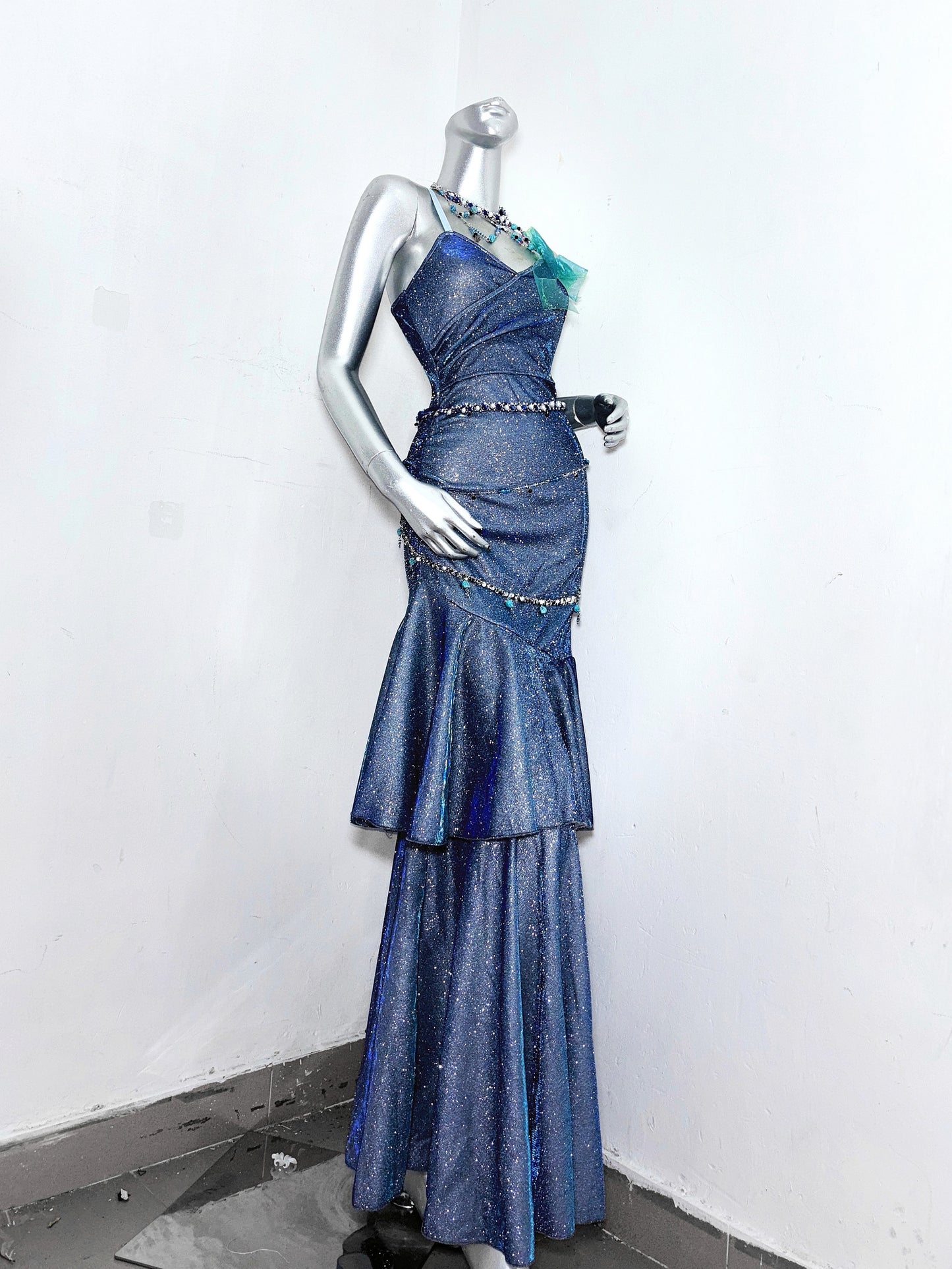 Glitter Spaghetti Straps Navy Blue Mermaid Long Prom Dresses Birthday Evening Dresses RF0896