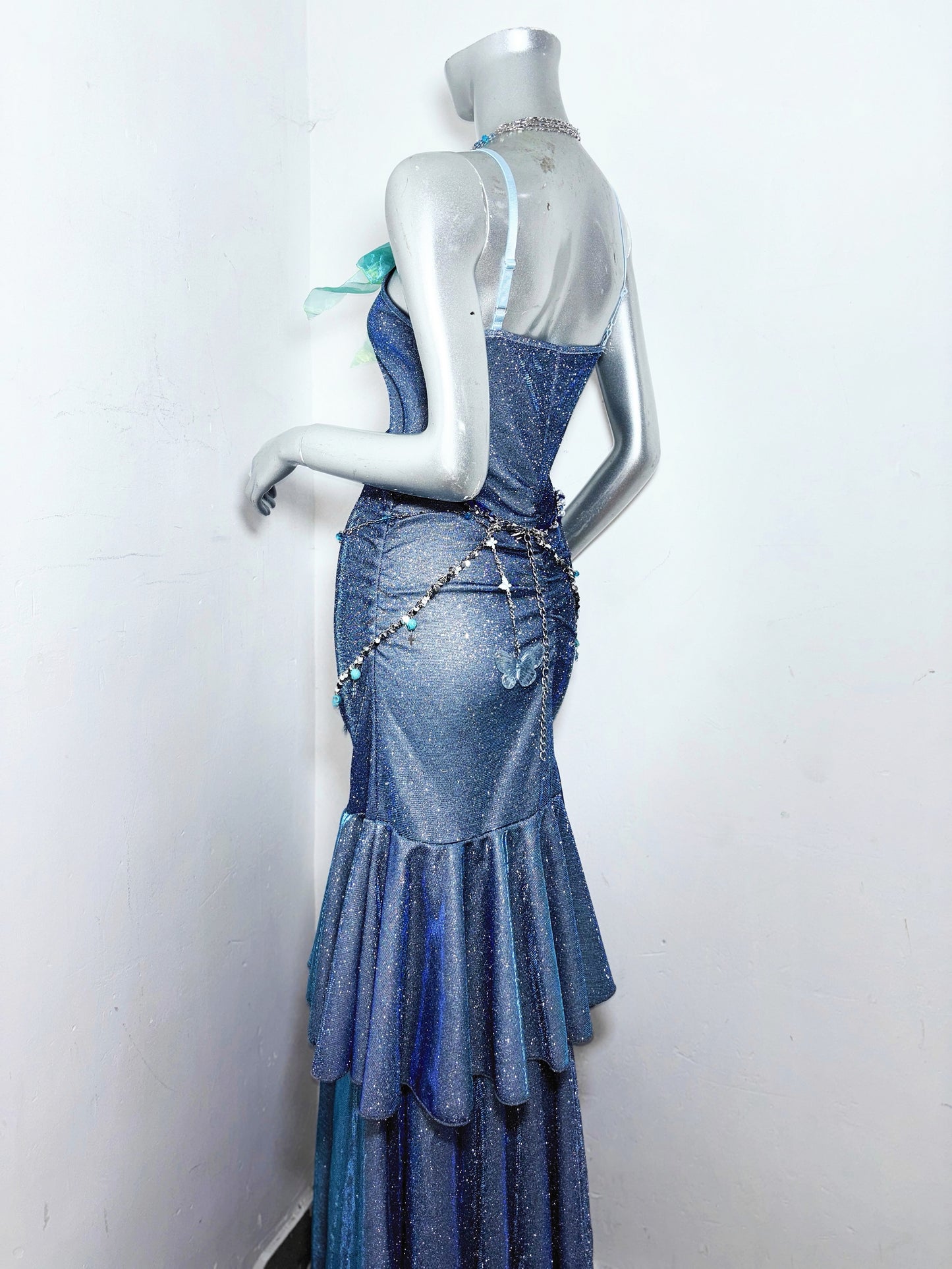 Glitter Spaghetti Straps Navy Blue Mermaid Long Prom Dresses Birthday Evening Dresses RF0896