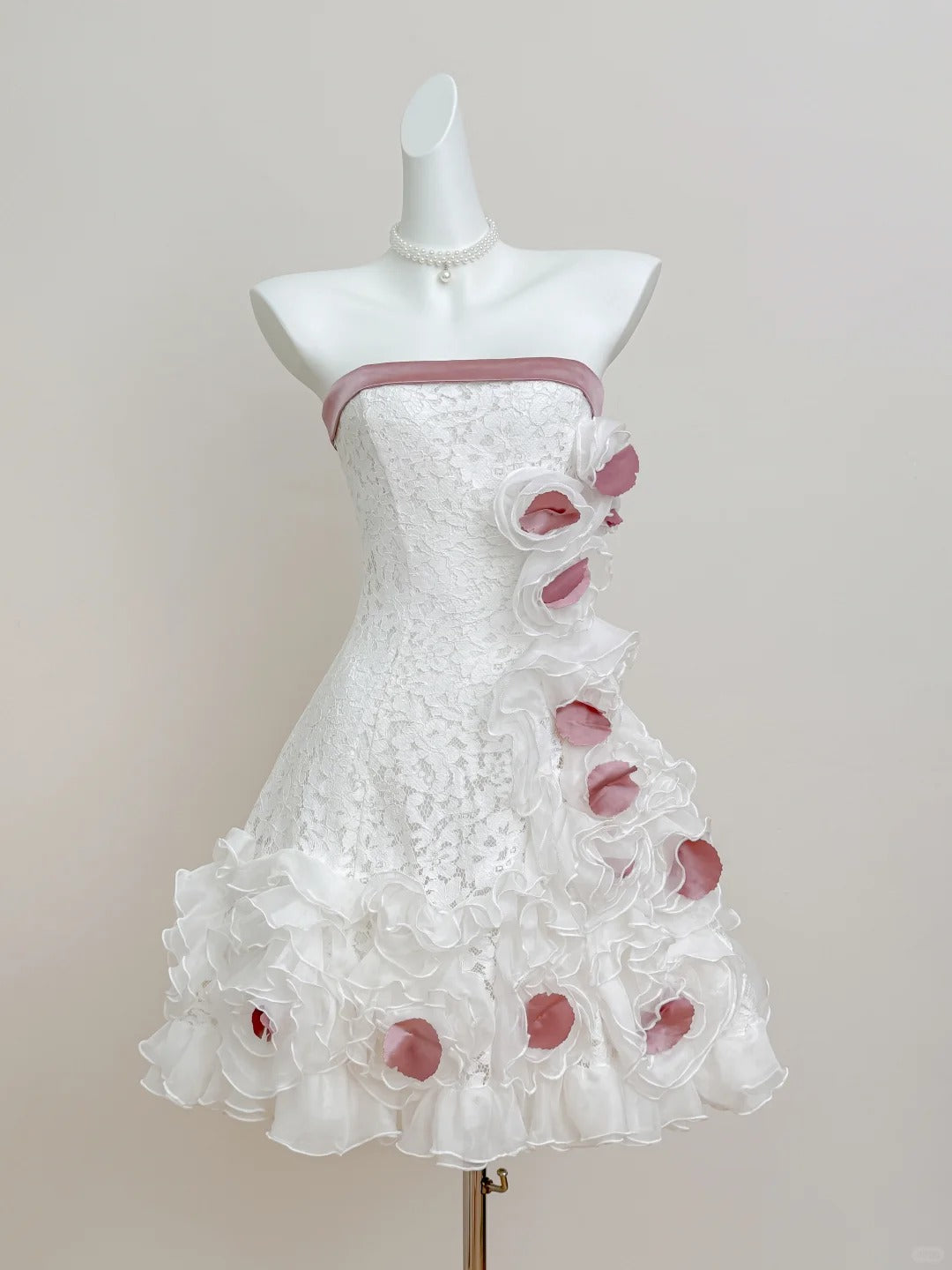 Cute Strapless White Lace A-Line Tulle Short Prom Dresses Birthday Party Dresses RF0902