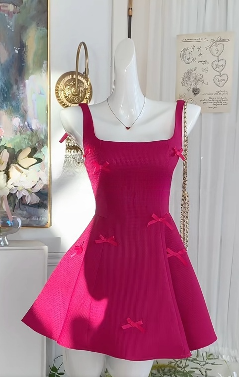Robe de bal courte rose foncé à col carré et coupe trapèze, tenue de fête d'anniversaire, RF0903