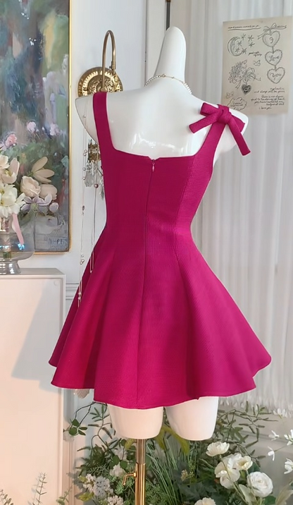 Robe de bal courte rose foncé à col carré et coupe trapèze, tenue de fête d'anniversaire, RF0903