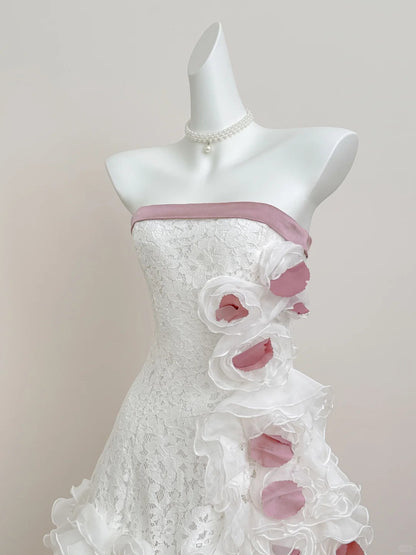 Cute Strapless White Lace A-Line Tulle Short Prom Dresses Birthday Party Dresses RF0902