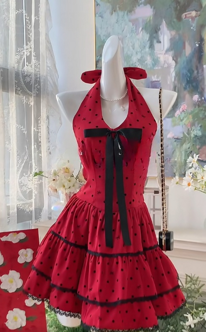 Elegant Red Halter A-Line Short Polka Dot Pool Party Dress RF0904