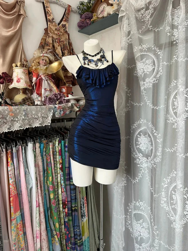 Vintage Navy Blue Spaghetti Straps Bodycon Satin Short Evening Gowns RF0908