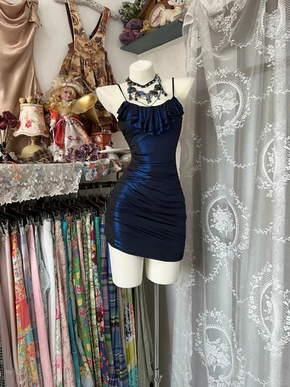 Vintage Navy Blue Spaghetti Straps Bodycon Satin Short Evening Gowns RF0908