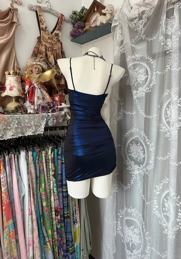 Vintage Navy Blue Spaghetti Straps Bodycon Satin Short Evening Gowns RF0908