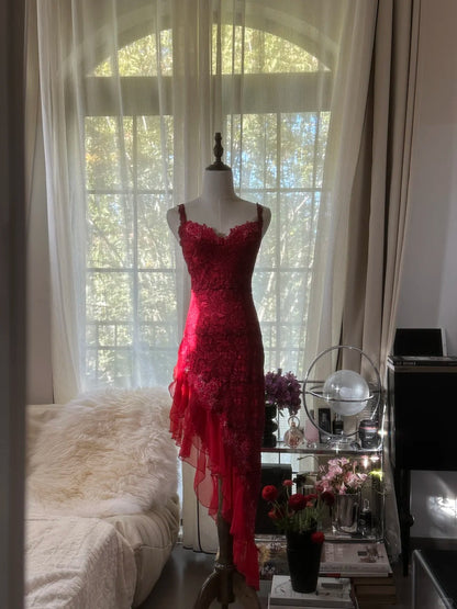 Elegant Red Spaghetti Straps Sheath Lace Chiffon Short Prom Dresses Vintage Evening Gowns RF0909