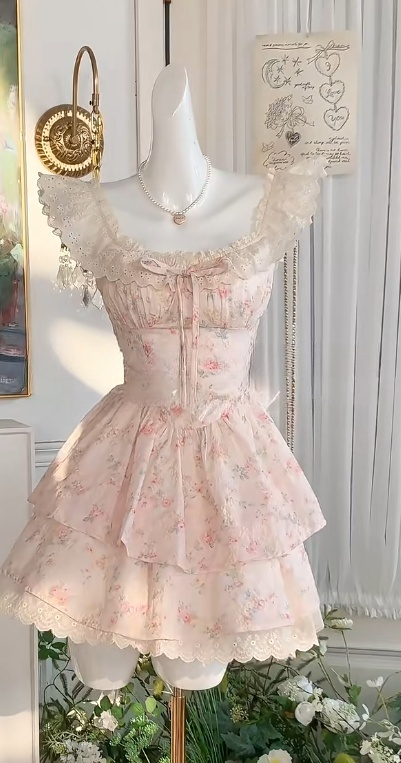 Sweet Pink Lace Print Chiffon A-Line Short Birthday Dress Cocktail Party Dress RF0917