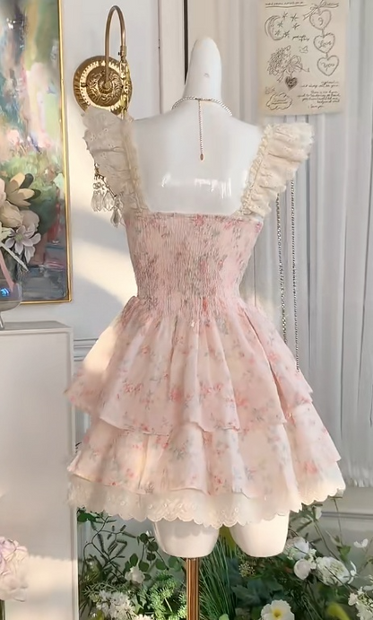 Sweet Pink Lace Print Chiffon A-Line Short Birthday Dress Cocktail Party Dress RF0917