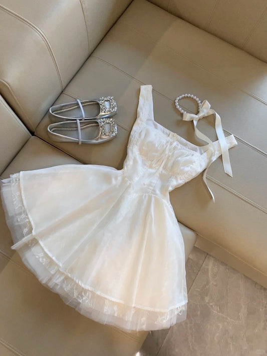 Sweet White Square Neck A-Line Tulle Short Birthday Evening Dress Party Dress RF0919